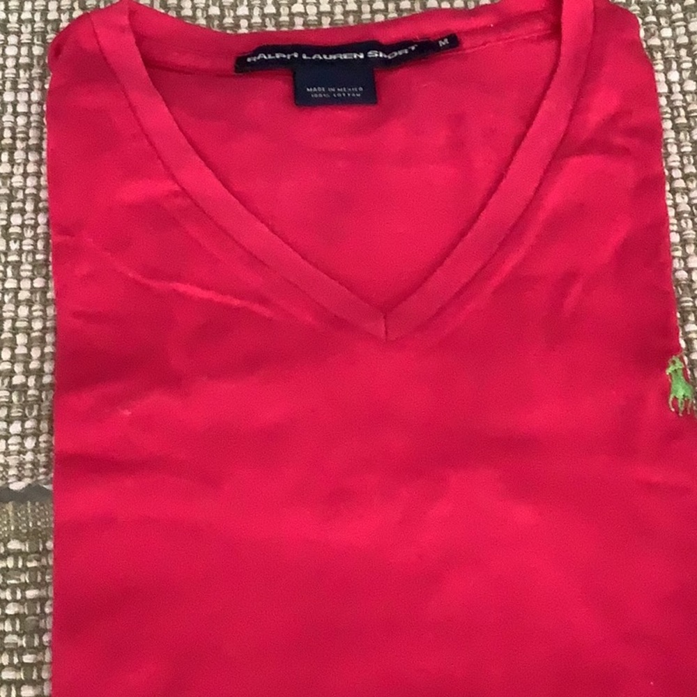 Ralph Lauren Women’s Hot Pink V-Neck T-Shirt with green logo